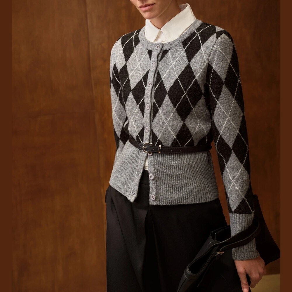 Gray Black Argyle Knit Button Front Crew Neck Cropped Cardigan